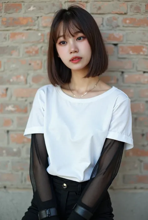 (8k, RAW photo:1.2), (japanese woman:1.5), 30 y.o, detailed face and eyes, high quality, high resolution, very detailed, brickwall, ((white off shoulder loose collar short sleeve casual t-shirt with black tight long sleeve mesh shirt underneath)), straight...