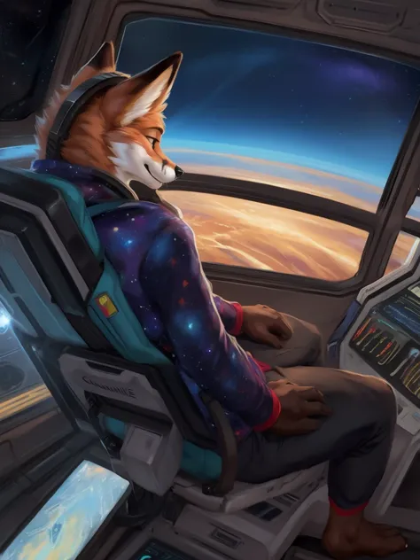 realistic, scientifically accurate, black hold, doppler shift, event horizon, accretion disk, detailed, anthro, fox, looking out...