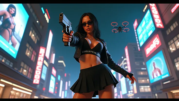 (Wide and low angle view). At night, in cyberpunk 2077 city, aged 20 young girl as Judy Alvarez. futuristic curve-shape digital movie posters art gallery, Star Wars posters, holographic projected movie characters in the air, 1drone. High-resolution OLED GU...