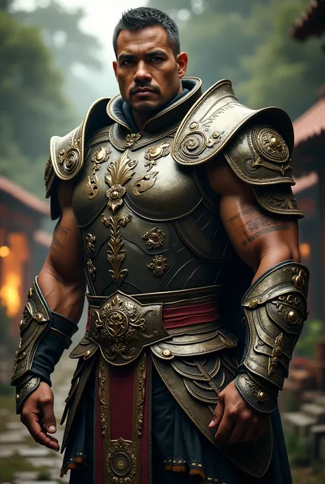 A Malay man with a strong body dressed as a warrior and wearing a suit