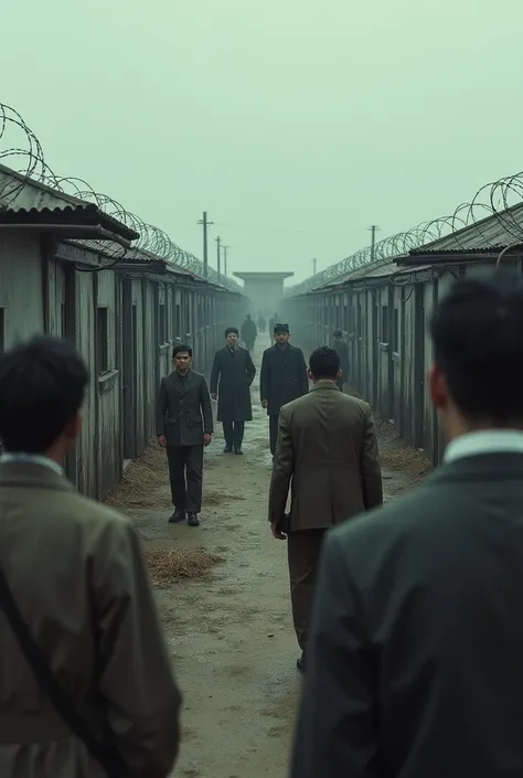 Japanese Internment Camps:

"A somber view of a World War II Japanese internment camp in the U.S., showing fenced-off barracks, barbed wire, and individuals in period clothing living under harsh conditions."
