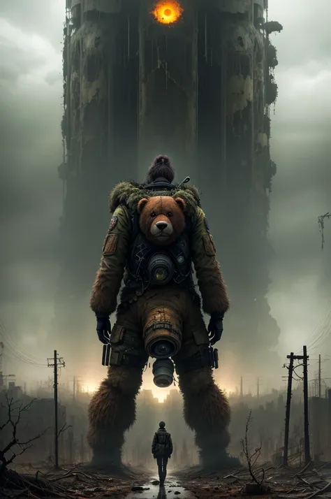  girl, teddy bear, nuclear wasteland, plants regaining territory, desolation, eerie atmosphere, (dark and moody:1.4), (loneliness:1.ost-apocalyptic:1.2).