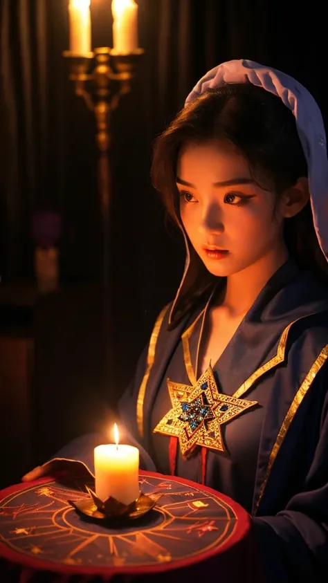 Young female fortune teller、Her face is obscured by her fortune-telling robe.、A costume with a seductive chest、On the table in front of her was a large(Divination crystals)、Candlelight in a dark room for fortune telling