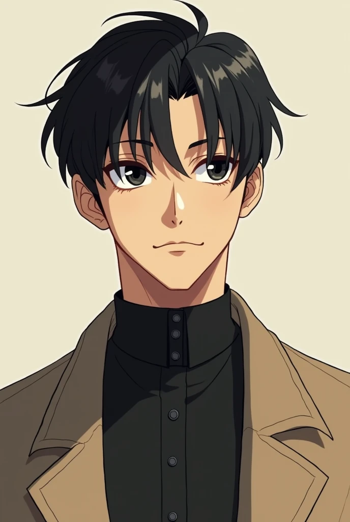 Make a Man with short black hair and black eyes wearing a beige overcoat and a black shirt. Make anime style 