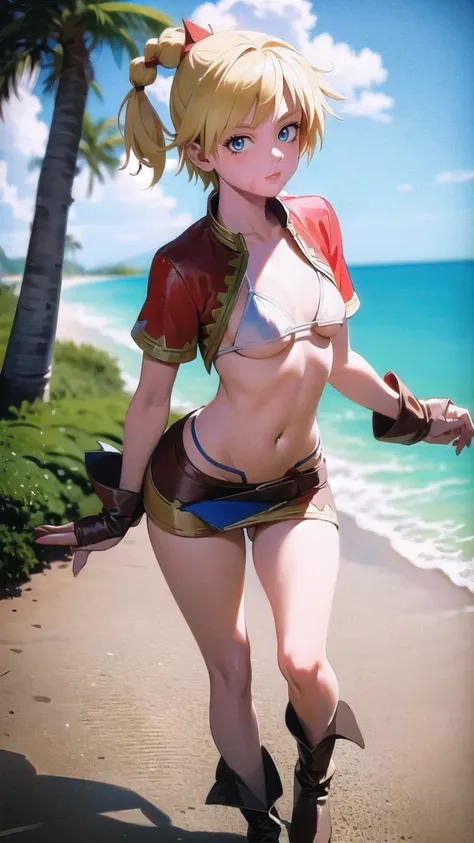 1 adult woman, character "Kid" from chrono cross, kid (chrono cross), ((mature face)), 20 years old, yellow hair in a high braided ponytail, (medium-small bust:1.4), standing on white sandy beach, in various fighting poses, fitted jacket 3/4 cropped (red),...