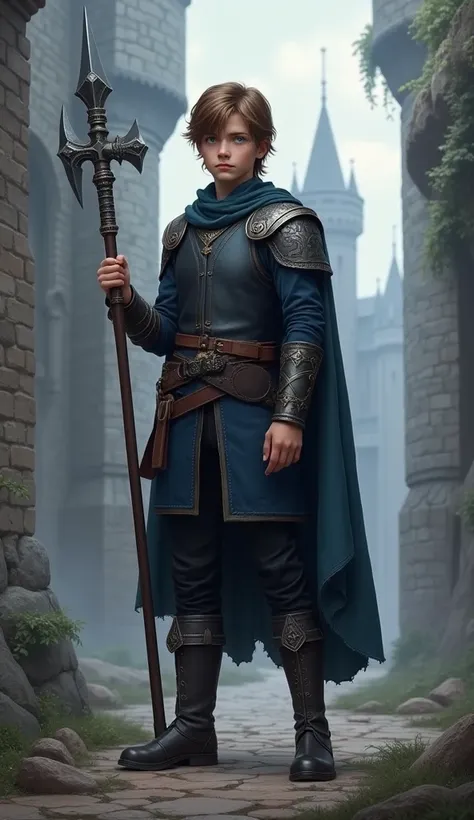 realistic, best quality, masterpiece, detailed, perfect face, fantasy, medieval, lad, male, young, beardless, adolescent, teenager, tall, fair skin, blue eyes, light brown hair, mid-long hair, gambeson, dark blue gambeson, black pants, studded leather boot...