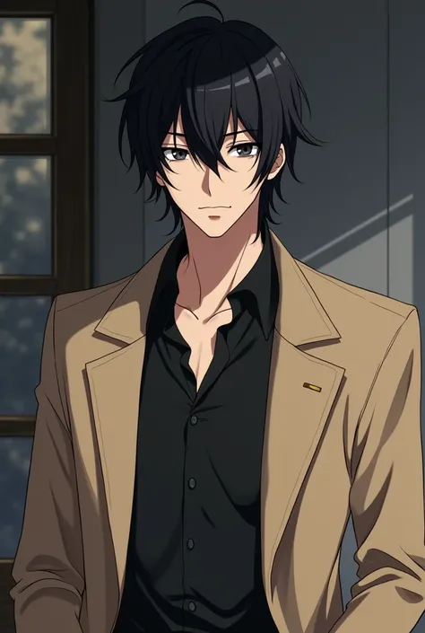 Make a Man with medium black hair and black eyes wearing a beige overcoat and a black shirt. Make anime style 