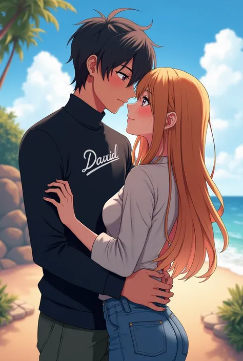 Couple character hugging black turtleneck shirt with name on shirt, Daniel, and on the woman&#39;s blouse the name RAYSSA , anime themed coast weigh-in 