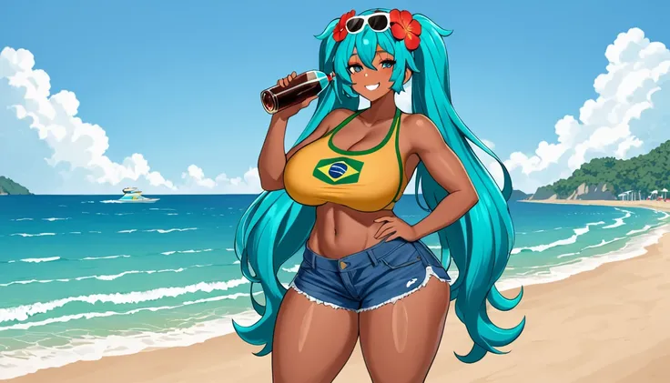 Brazilian Miku dark skin Brazilian sportswear blue super long twin tails Super huge big breasts breast enlargement Shorts, standing alone on the beach, sunglasses on head, floral headdress, soda in hand, sunburn marks on thighs, denim shorts full-body shot...