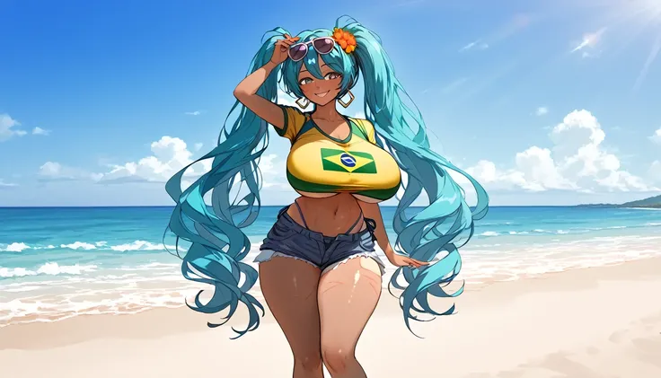 Brazilian Miku dark skin Brazilian sportswear blue super long twin tails Super huge big breasts breast enlargement Shorts, standing alone on the beach, sunglasses on head, floral headdress, soda in hand, sunburn marks on thighs, denim shorts full-body shot...