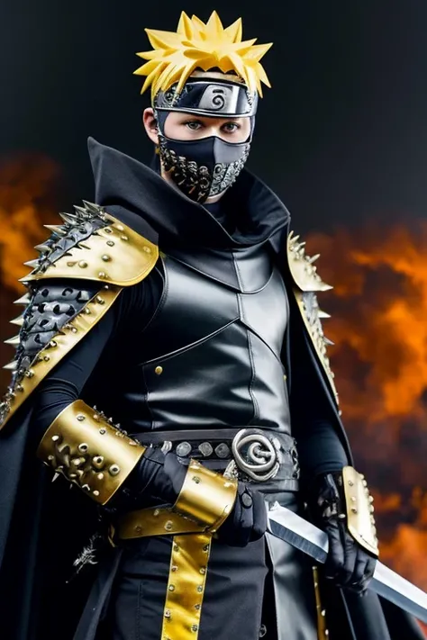 Naruto uzumaki in black armor with spiked steel gloves, black cape, golden ring, evil sword, Dark Lord, skull face masks 
