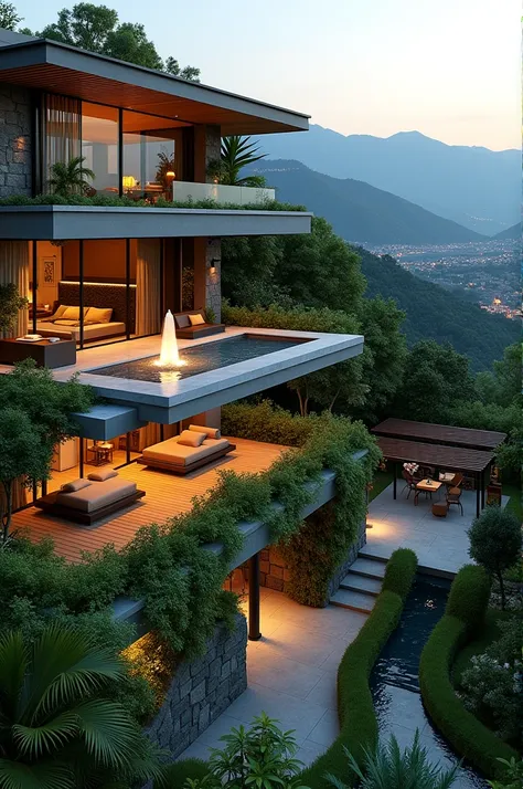 
Create a luxurious terrace in the shape of a sleek, terracegarden, repurposed into a modern dwelling. The terrace garden is integrated into a tropical artificialplant, with fountain revealing warm, ambient lighting inside the home. The structure features ...