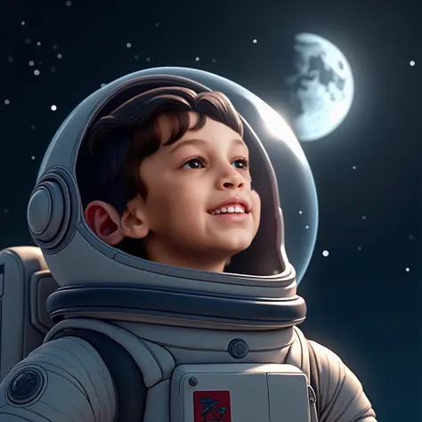 a happy astronaut boy , upper body, looking at the sky, space universe, moon, realistic, artwork, highest quality, light reflecting on helmet