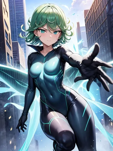 Masterpiece, best quality, ultra detailed, illustration, lighting epic, cinematic composition, 1 girl, Tatsumaki, short hair, green hair, very small breasts, green eyes, bright eyes, smiling, blushing, closed mouth, piercing gaze, full body, tall, thin, bl...