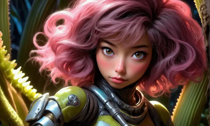 cute yuna, 1girl, detailed eyes, detailed lips, extremely detailed face, long eyelashes, sexy space adventurer outfit, lots of blinking lights, sword with chainsaw blade, dangerous alien forest, night, reaching rocket ship, cinematic lighting, 8k, high qua...