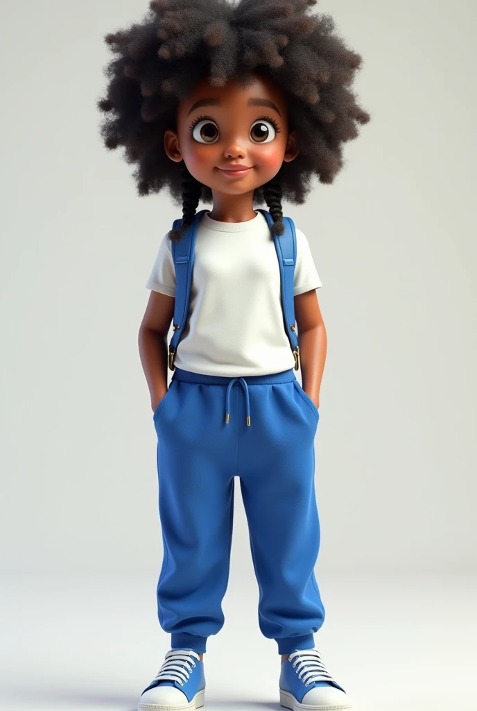 3D drawing of a , afro, braids in hair, in a school uniform, full body with blue tennis shoes, blue sweatpants, white t-shirt