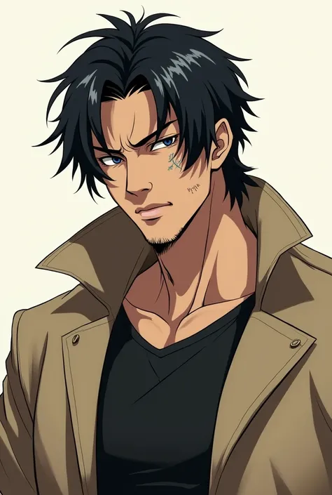 Make a man who appears to be over thirty years old with medium black hair and a scar on his cheek and also his eyes are black with a beige overcoat and a black shirt. Make anime style 