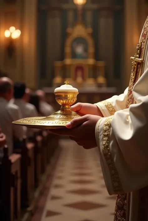 Image of the moment of delivery of the host in the mouth with the paten for the faithful in a Tridentine mass being taken very close up in 4K