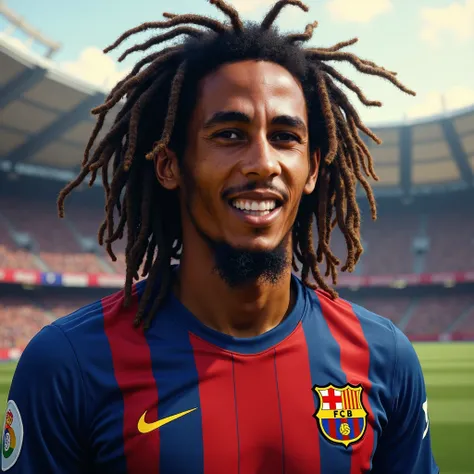 Bob Marley in Barcelona Jersey, Realistic, Portrait, Stadium Background Blur.