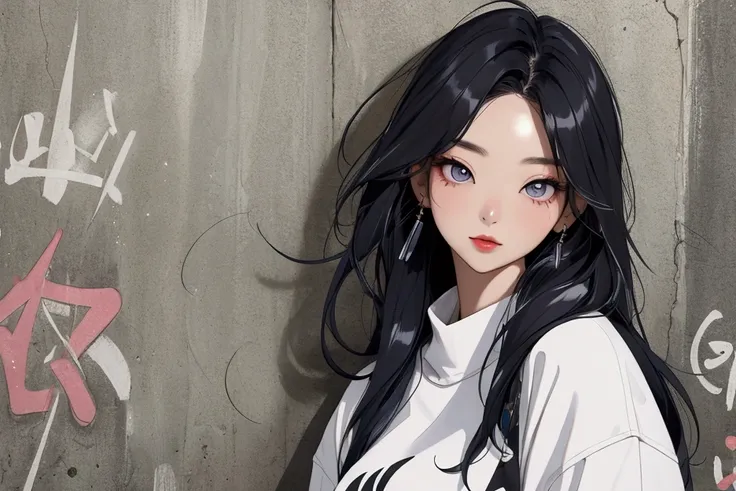 a woman in korean, style s80, with shiny hair, with model poses, with stylish model clothes, listening to old music and enjoying and feeling satisfaction, lofi hip hop, blurring the background, alone, beautiful and detailed eyes, on a brick wall with peeli...