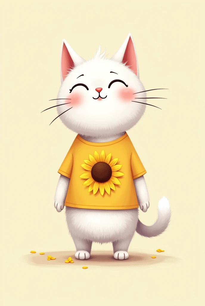 Cute bipedal white cat　Wearing a sunflower T-shirt