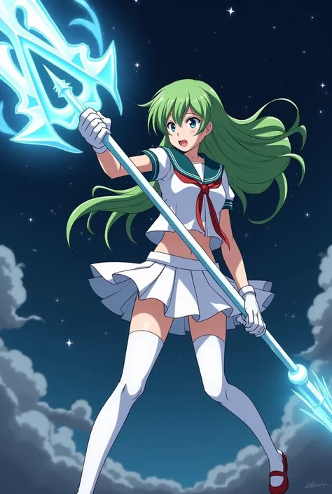 Night sky，White short-sleeved school uniform，White pleated skirt，white pantyhose，White Gloves，Green long hair anime girl，huge magic spear，attack posture