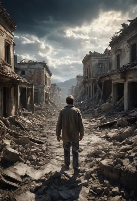 a man from the past swallowed into the earth by a powerful earthquake that destroyed his home and belongings,extremely detailed,cinematic lighting,dramatic,photorealistic,epic scale,wide angle,realistic environment,highly detailed ruins and debris,volumetr...