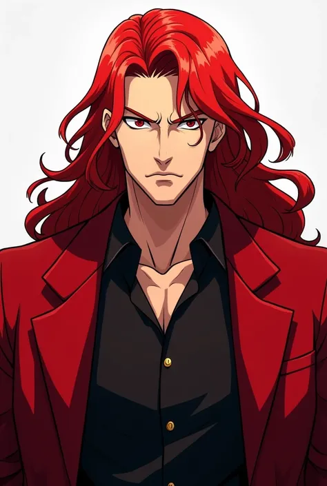 Make a Man who appears to be over thirty years old and has long red hair and red eyes wearing a red overcoat with a black shirt making an imposing pose looking at the camera with a serious face. Make anime style