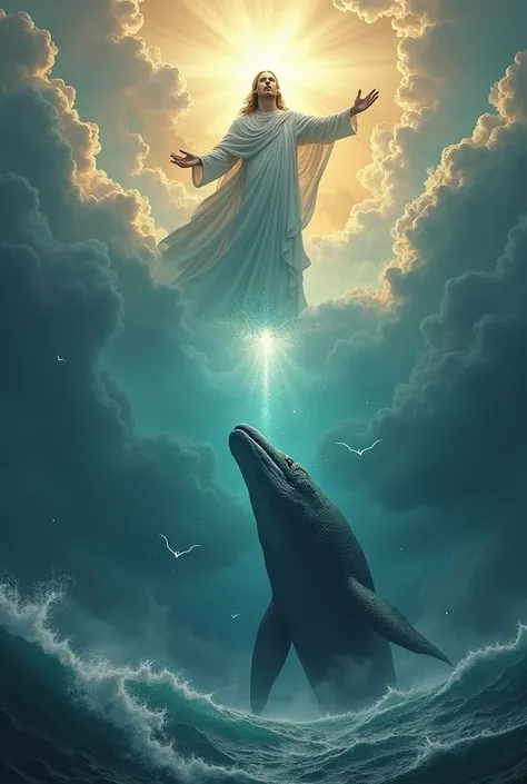 Deus Controlando The Leviathan: "A majestic vision of God above the clouds, with a divine light radiating from his presence. down, The Leviathan, who was previously furious, now he is submissive, with his body bent over in the waters. God reaches out, symb...