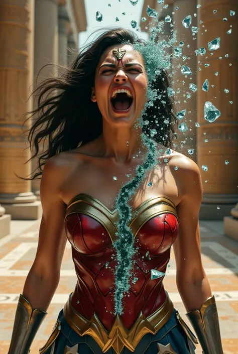 The cry of a broken heart」RAW, REALISTIC IMAGES of the wonder woman with a large glass crack extending from her chest。I&#39;m  FULL OF CRIES screaming with my mouth open、The scream shatters into pieces of glass、Soaring into the air。Sharp fragments of debri...