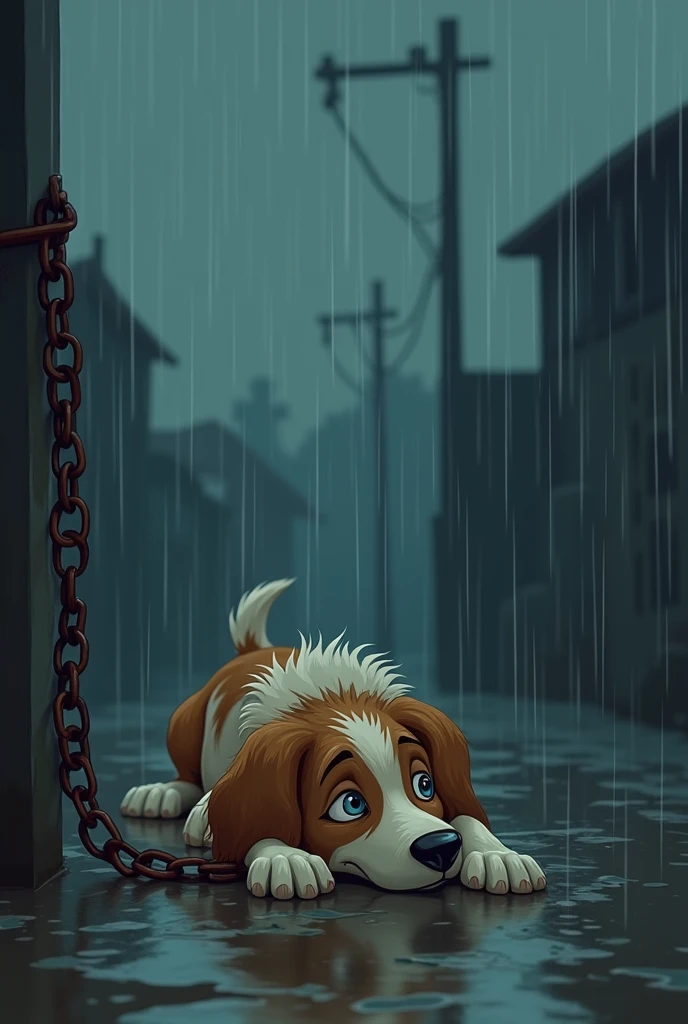 scared dog, pain and sad, lying chained on a very rainy day, in Disney 2D style