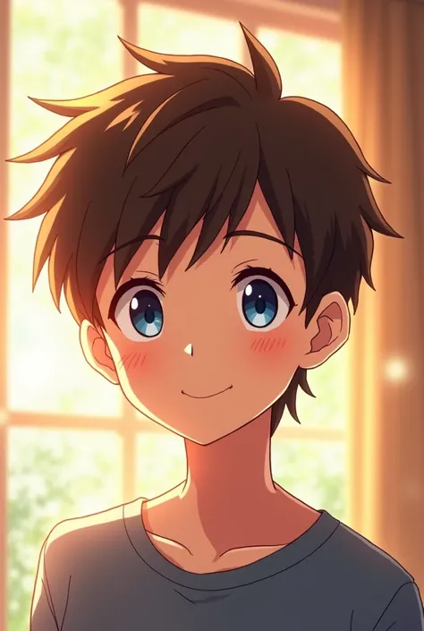 anime type boy, handsome, with blue eyes, Brown hair, adolescent, with a tender and cute smile