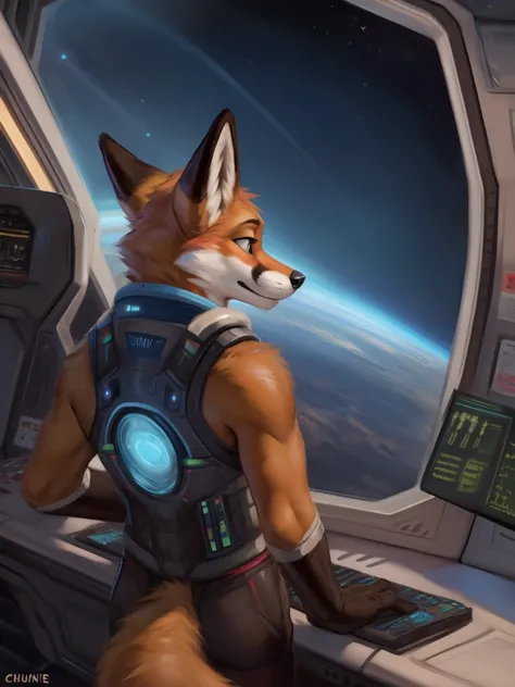 Realistic, scientifically accurate, black hold, doppler shift, event horizon, accretion disk, detailed, anthro, fox, looking out of window, scifi, by zackary911, by chunie, in space, outer space, back view