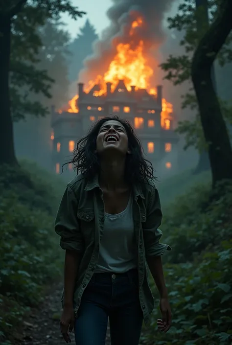 A BROWN GIRL screaming and crying in the middle of the forest where behind her you can see a mansion on fire and also police officers