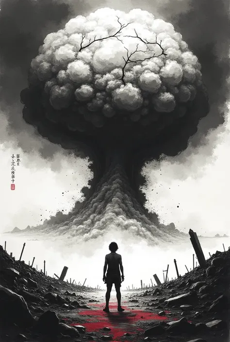 Ink Painting,Background is the Mushroom Cloud，The scene was very shocking。The sky above cracked，To create a vast sky that seems endless，Below is the broken earth,in ruins，To account for 200pk。A person standing on the ground，Knee bending，Look up at the sky ...