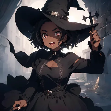 1 female, afro hair, black afro hair black girl afro hair, darker skin, brown skin, huge breast, black long sleeve dress, black nails, black make up, gothic make up, gothic face, witch hat, black lips, witch house, magic stick, open mouth, mad face