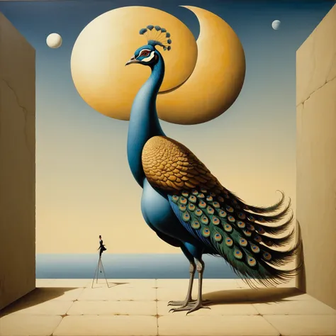 In the aesthetic surrealism style of Esau Andrews, Michael Parkes, René Magritte, Alphonse Mucha and Salvador Dalí: the surrealist painting depicts a moon peacock spreading its tail with bright colored patterns on it, in the form of many eerie eyes. The ey...