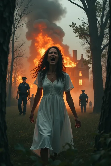 A  BROWN-BROWN GIRL screaming and crying IN A WHITE DRESS in the middle of the forest where behind her you can see a mansion on fire and also POLICE OFFICERS