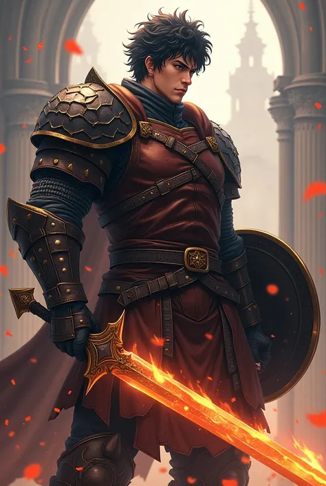 crie um warrior, man, 1,85 tall, Curly hair, short hair, black hair, black eyes, leather armor, iron details, left side shoulder pad, holding a sword, holding a shield in the other hand, flaming sword, 4K, anime, heroi, warrior, RPG, man.