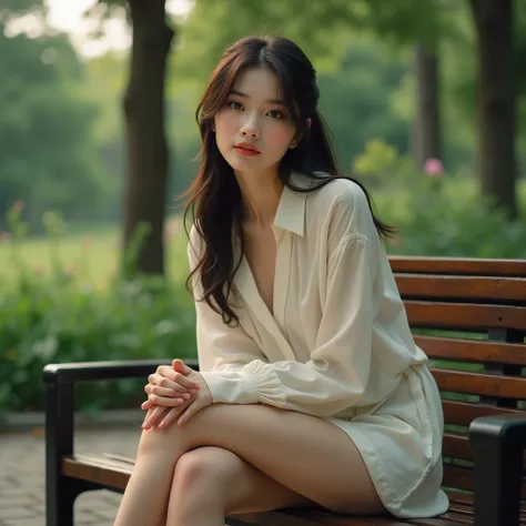 a pretty chinese girl, sitting on a bench in a park, one leg crossed over the other leg, wearing loose blouse and shorts, low angle shot, beautiful detailed eyes, beautiful detailed lips, extremely detailed eyes and face, long eyelashes, (best quality,4k,8...