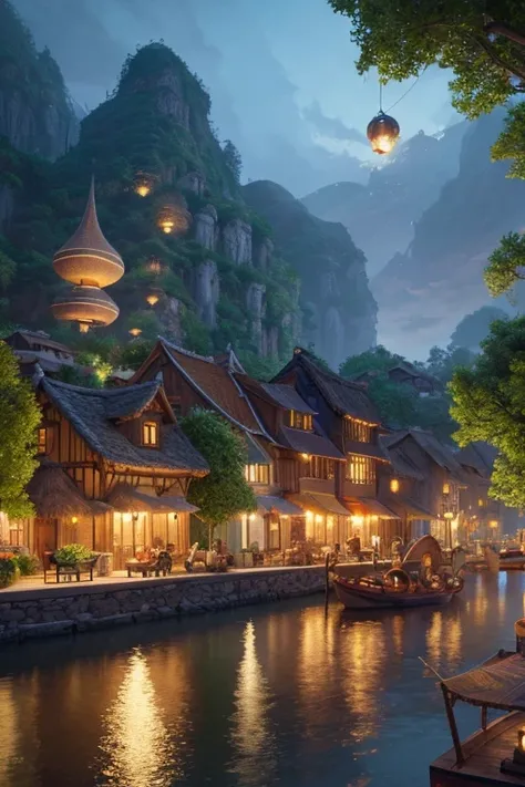 Fantasy painting of a riverside village, Render in Cinema4D, Bulbous, Precise nautical details, Creative character design, Whimsical cartoon style, 32k uhd --ar 2:1