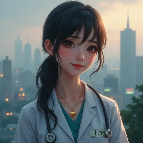 face of female veterinarian with necklace and gold heart pendant, looking in profile, In the background an image of urban lights, look invites to follow.