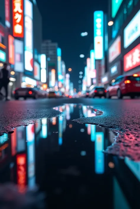 extreme close-up with a shallow depth of field of a puddle in a street. reflecting a busy futuristic Tokyo city with bright neon signs, night, lens flare