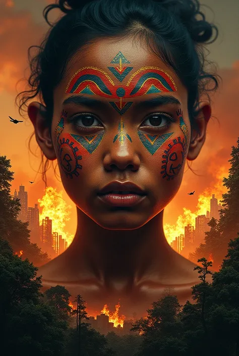 Face of an Indian from Brazil, with indigenous paintings, forest on fire burning in the background, animals running on fire, city and buildings behind the forest 