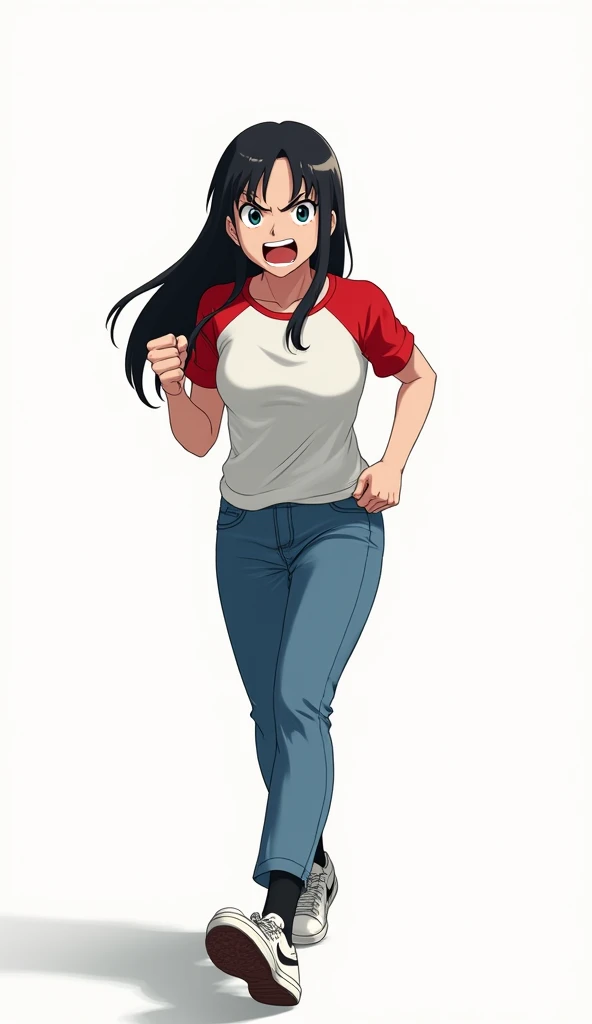 young woman, yuri.

The young woman long black hair wear a red white round neck shirt, jeans long pants, black socks, white nike sneakers, tuck the red white round neck shirt into jeans long pants.

Shes walking, angry face and eyes, clench ones hand, whit...