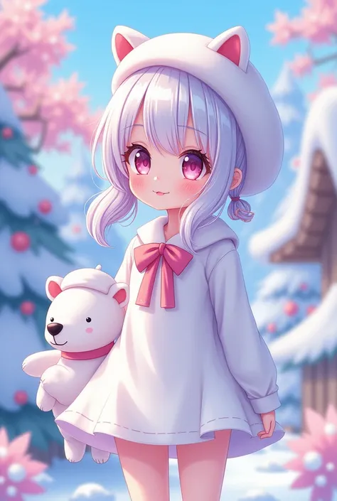 ai anime cyberpunk setting,  Girl with white pigtails, White eared beret  , Girl in white one-piece with pink ribbon   , Pretty girl,하얀 bear , bear , Wearing a white beret on his head, cute,cute 소녀,cute 여자 , A drawing drawn with colored pencils, dye, Color...