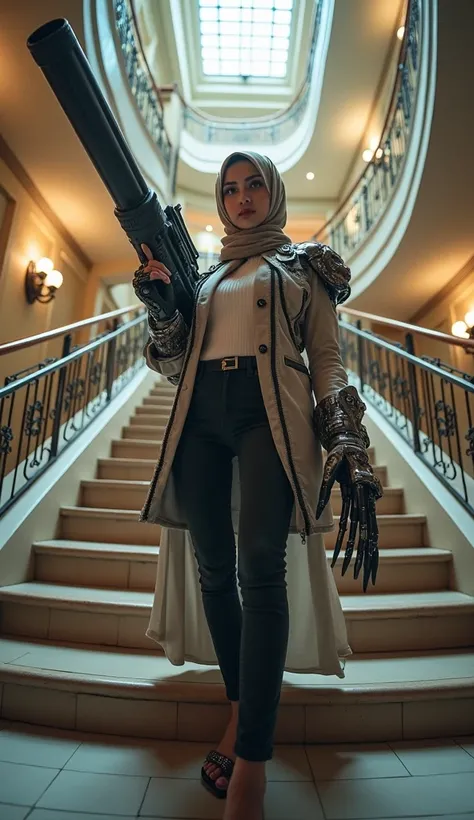 A super realistic professional photography, real life photo, a very beautiful mobile legend hero cosplayer wearing a casual style hijab Dian pelangi and the outer part of the clothes wearing a mecha hatch jacket with giant robotic arms and giant fingers, h...