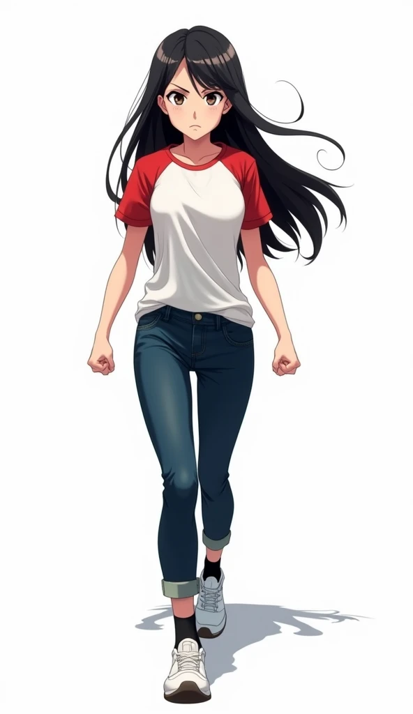 young woman, yuri.

The young woman long black hair wear a red white round neck shirt, jeans long pants, black socks, white nike sneakers, tuck the red white round neck shirt into jeans long pants.

Shes walking, angry face and eyes cant see the teeth, cle...