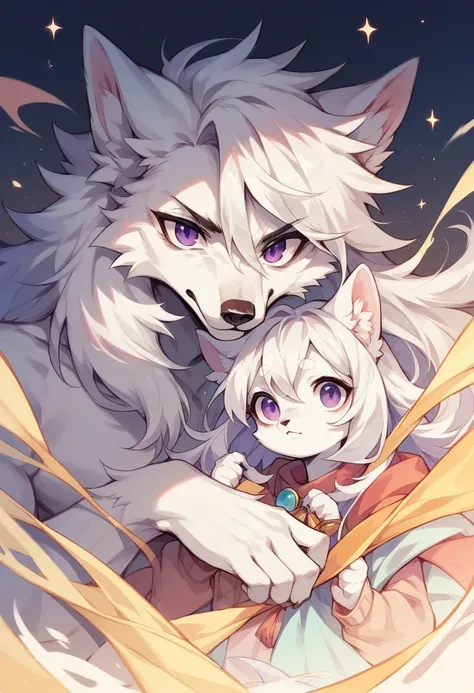 A white furry wolf with long white hair with one purple eye and the other red where both pupils are star-shaped and half of the hair&#39;s fringe is dark purple with a black star mark below the left eye and in the hair he also wears a long ponytail.