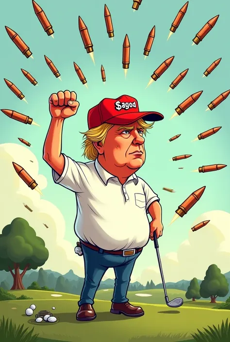 Donald Trump golfing by himself, white polo red hat with word $GOD, fist in the air, bullets flying carton style 